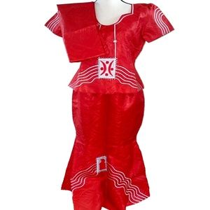 Women clothing 3-pc African Brocade Print Headtie Peplum top & skirt Crimson NEW